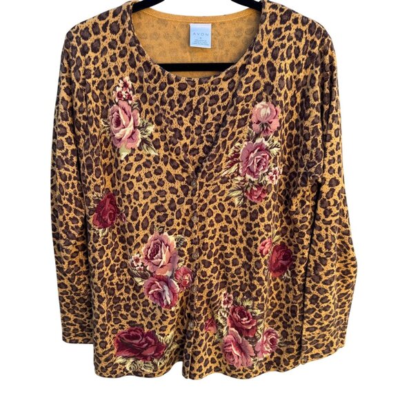 Avon Vintage Womens Leopard Print Rose Floral Knit One Piece Cardigan Sweater M - Picture 1 of 9